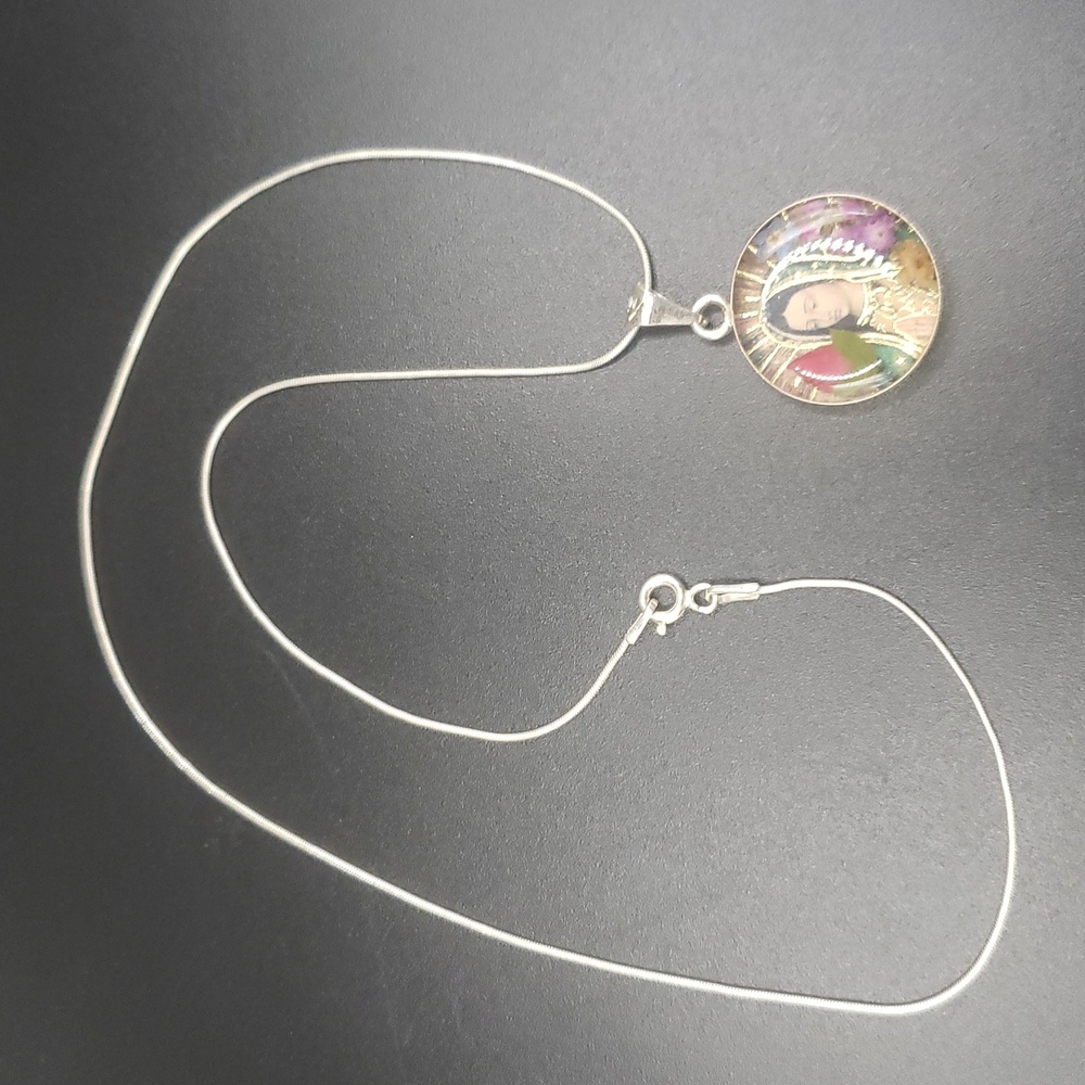 Our Lady of Guadalupe Double-sided   Round Pendant, 16" Chain, 925 Silver
